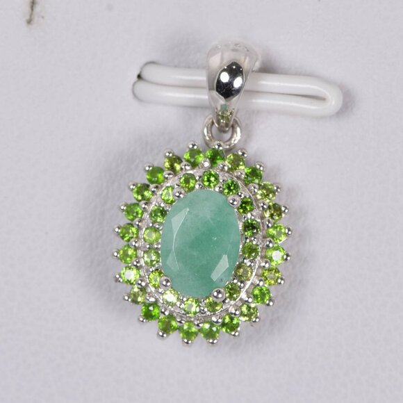 All Natural Double Halo with Natural Emerald Oval Cut Pendant 925 Sterling - Picture 2 of 3